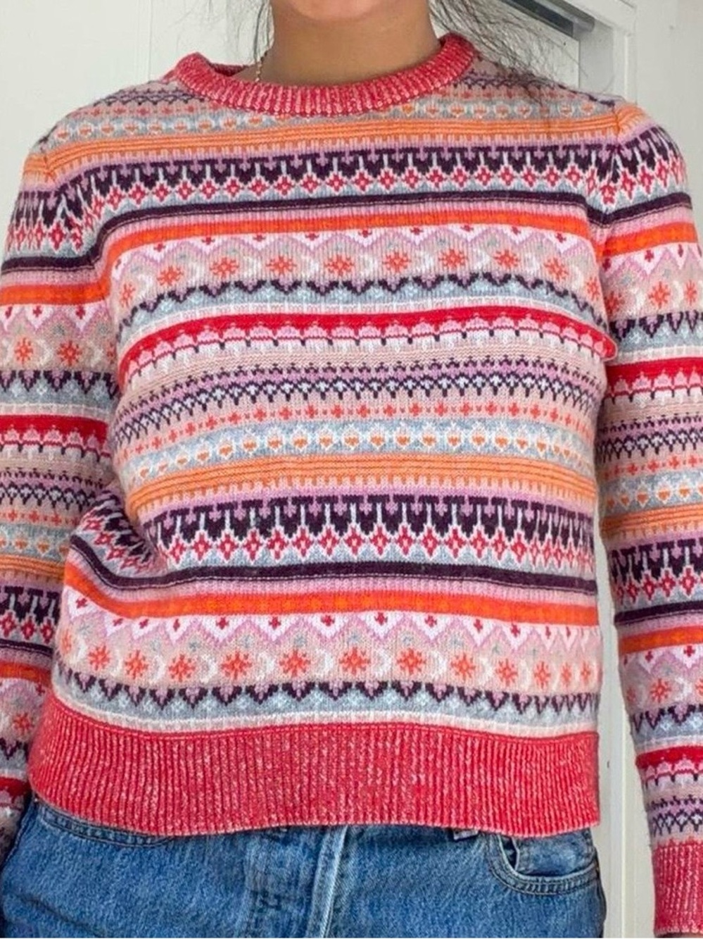 J. Crew Multicolor Fair Isle Crewneck Sweater in Pink, Orange & Purple